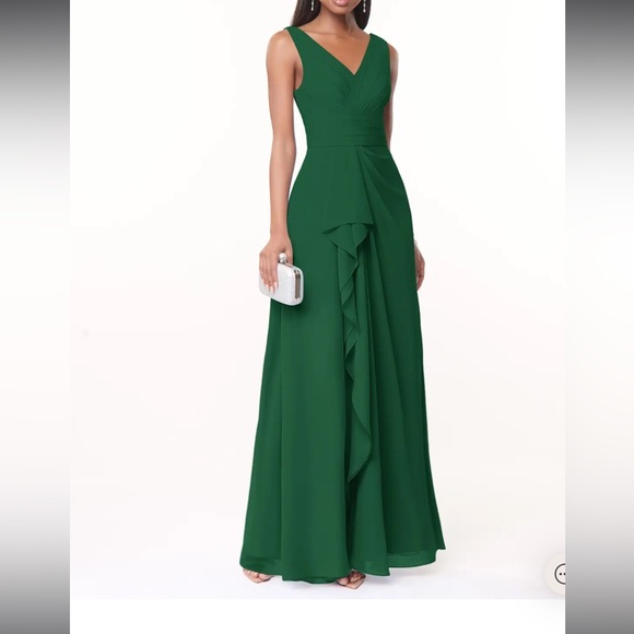 Azazie Size 4 Julianna Formal Dress Maxi A Line Pleated Waist V Neck Dark Green - Picture 13 of 14